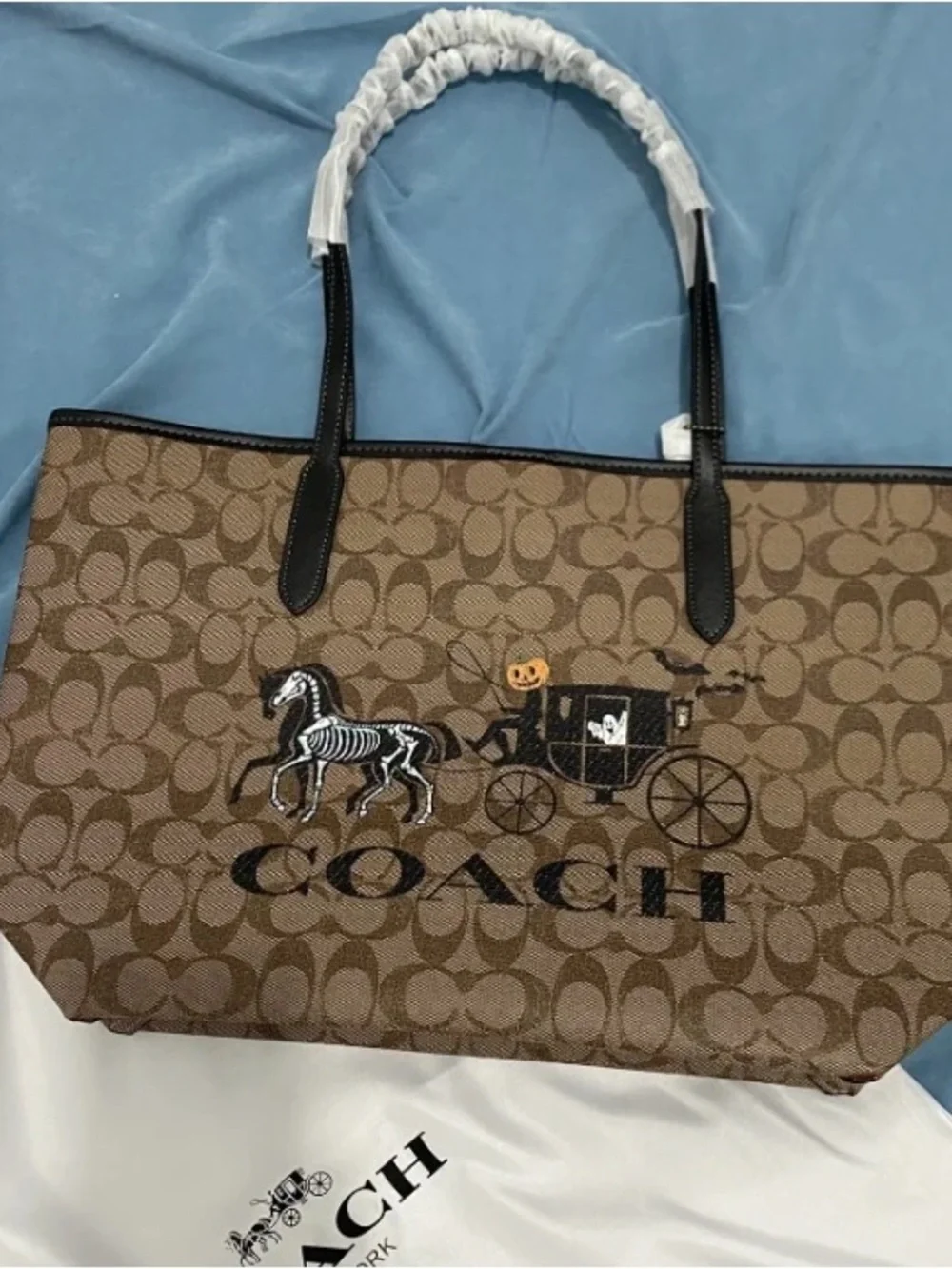 Coach Brown Signature Canvas Tote with Halloween Carriage Embroidery